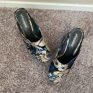 JEFFREY CAMPBELL Floral Material Platform Mules Wedges Retro Disco 70's Size 8